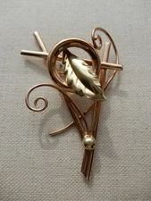 LARGE VINTAGE RETRO TRI-COLOR GOLD FILLED LEAF PIN BROOCH