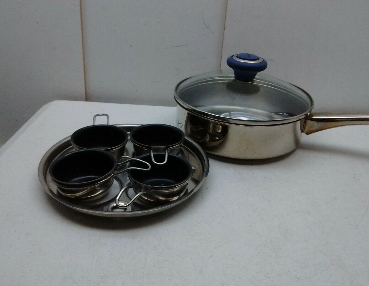 Stainless 1.5Qt Induction Saucepan Pot Non-Stick 4-Cup Egg Poacher Tray Ring Lid