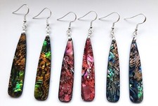 ABALONE SHELL LONG HOOK EARRINGS 8CM DROP 925 SILVER 3 COLOURS - PINK/BLUE/GREEN