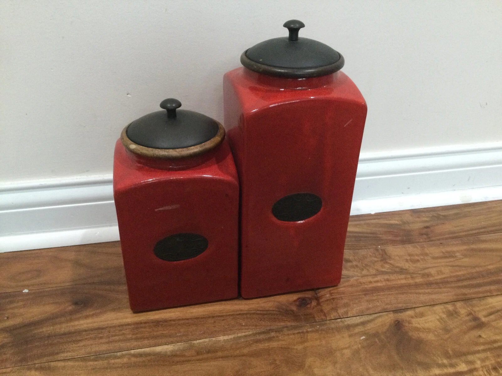 2 PC SET! PIER ONE India Small 10" Large 13” Canisters Lids Red EUC
