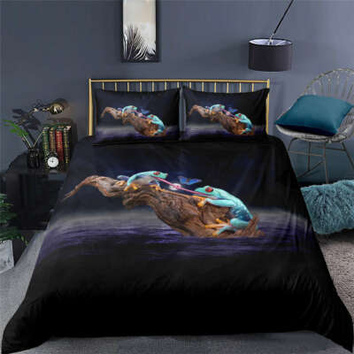 Great Frog Playing Butterfly 3D Quilt Duvet Doona Cover Set Pillow case Print