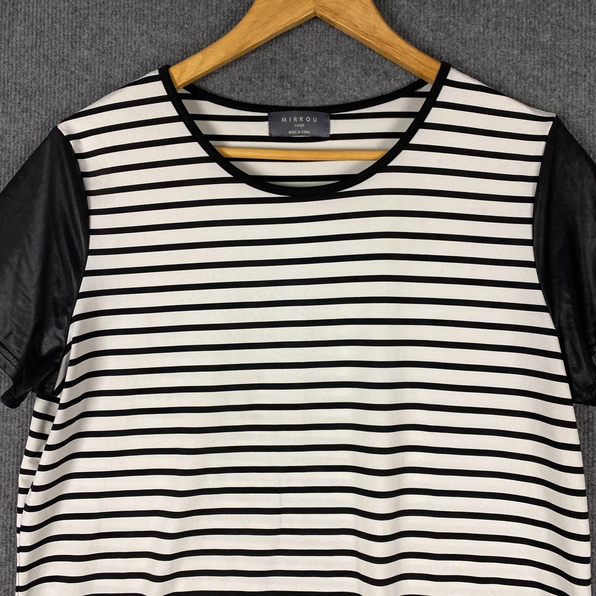 Mirrou Dress Womens Large Black White T Shirt Shift Striped Knee