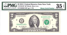 2013 $2 FRN PMG VF 35EPQ Fancy TRUE 0/1 BINARY **STAR** Serial #B00001100*