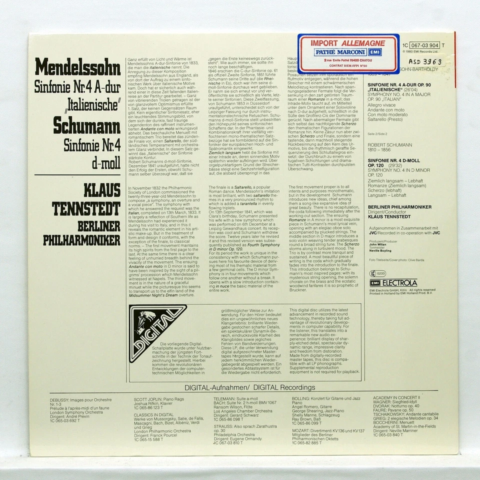 KLAUS TENNSTEDT - MENDELSSOHN & SCHUMANN symphonies no.4 EMI digital LP MINT ! - Image 2 of 2