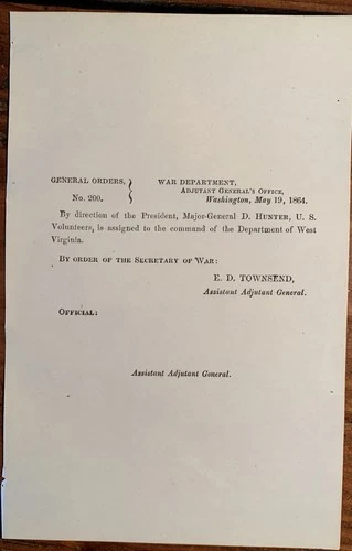 1864 General D. David Hunter Civil War Command Dept. WV Document