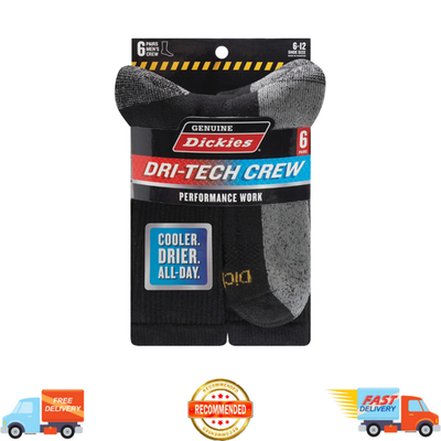 #ad #ad 6 Pack Genuine Dickies Mens Dritech Crew Socks Moisture Control Black Size 6 12 $12.59