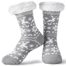 Giggling Getup Womens Christmas Slipper Socks, Fuzzy Non Slip Gray Snowflake