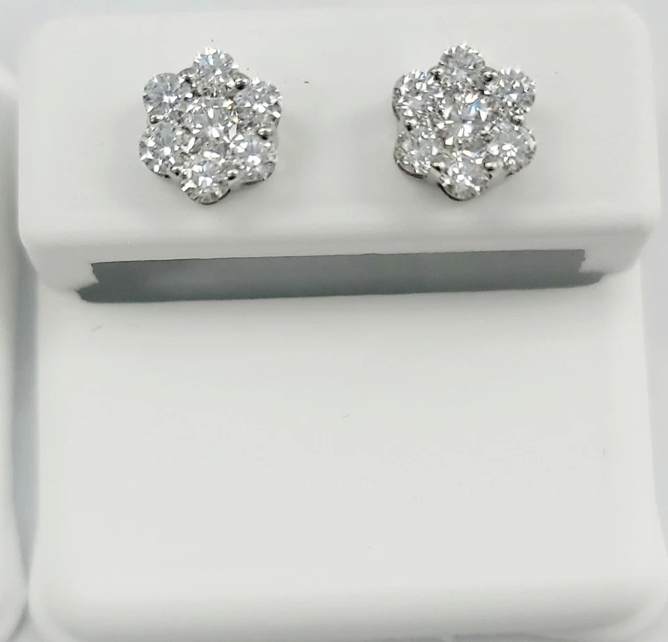 Flower Style 7stone Cluster 14K WG & YG 1.00Ct VVS Lab Grown Diamond Screw Back - Image 3 of 4