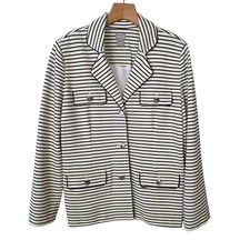 Chico  s Blazer Career Striped Knit Jacket Black Light Cream Stretch Pockets Sz M