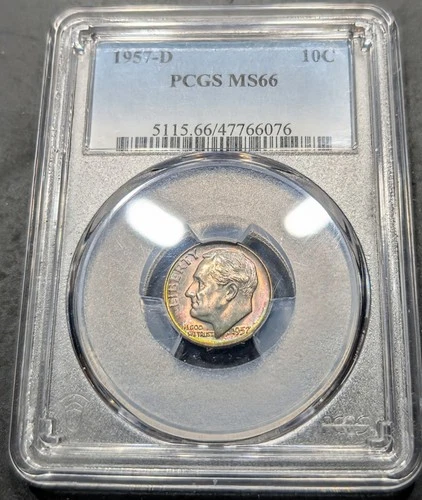 1957-D Roosevelt Dime Pcgs MS/66 Iridescent Opalescent Pink/Green Toning