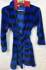 Boys 14/16 Husky Plush Fleece Hooded Robe Blue Black Stripe Soft Bathrobe New