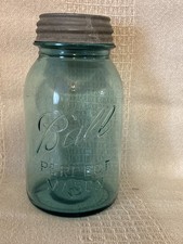 Tarro de frutas enlatado vintage Ball PERFECT MASON Lucky #13 cuarto azul con tapa de zinc