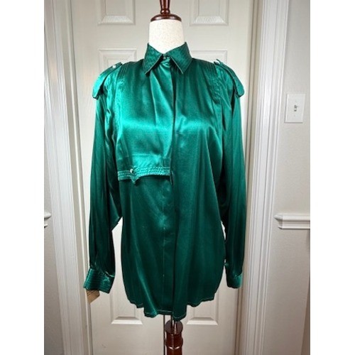 Emerald green silk blouse with epaulette shoulder detail