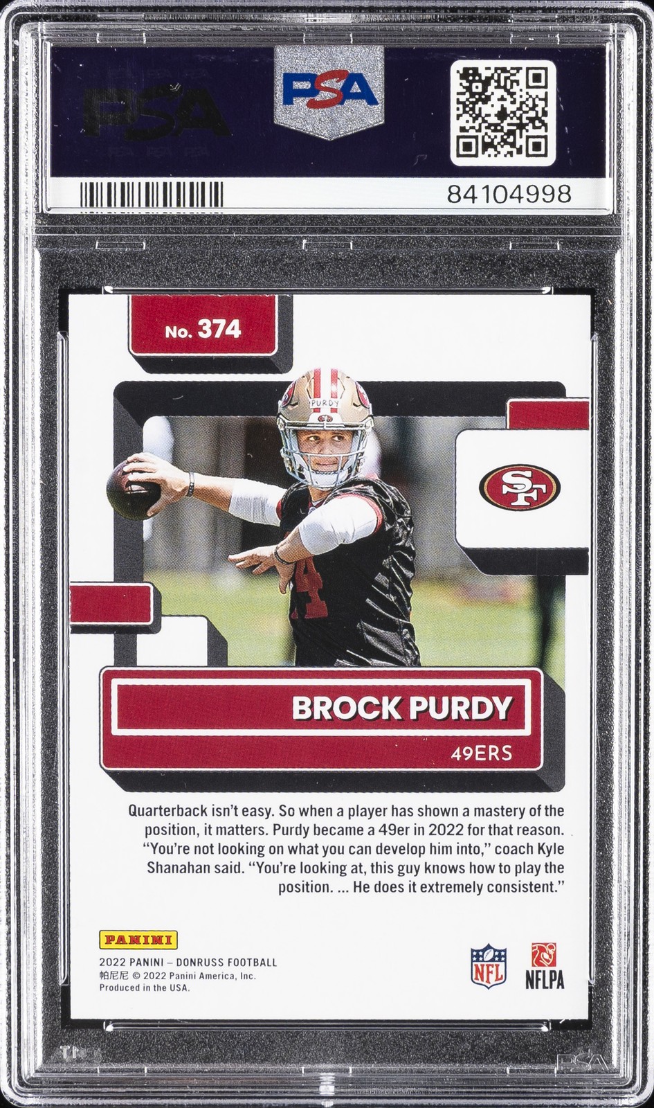 2022 PANINI DONRUSS #374 BROCK PURDY ROOKIE RC PSA 10 view 2