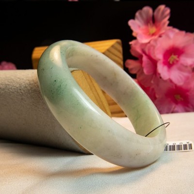 57mm Natural Jade jadeite Bracelet | Light Green & White  Moss in Snow  Pattern