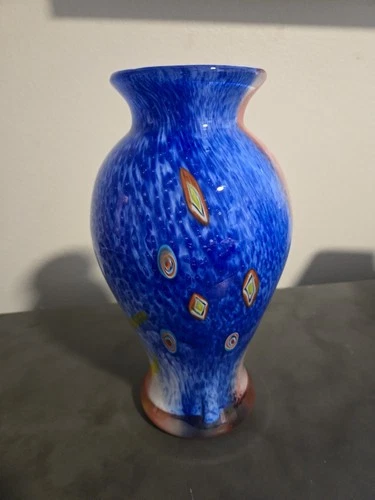 Rare Venetian Murano Millefiori Art Glass Vase. Red Blue Yellow, MCM Mid-Century