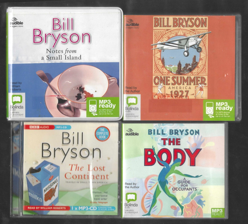 4 x Bill Bryson MP3 Audio Books + Summer + Small Island + Lost Continent + Body