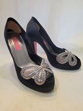 Vintage Betsey Johnson Stiletto Heels Peep Toe Black Satin Shoe Size 6.5 M