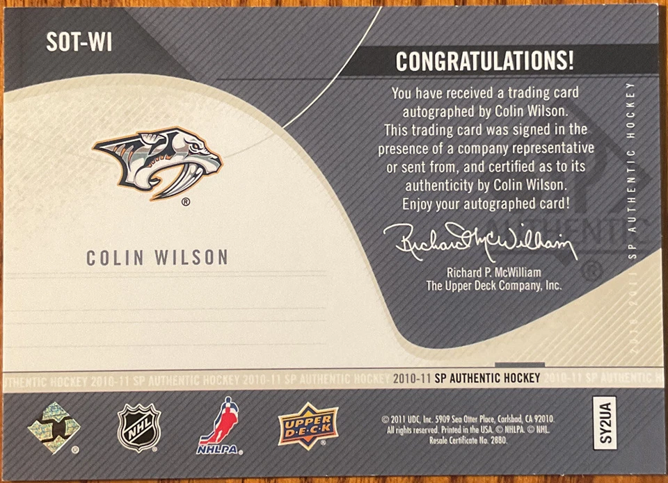 2010-11 SP Authentic Sign Of The Times Colin Wilson #SOT-WI Nashville Predators - Image 2 of 2