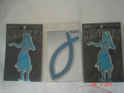 LOT 3 SEALED ADVANCED GRAPHICS MAGNETS 2 Hula Girls 1 Icythys Fish Symbol U.S.A.