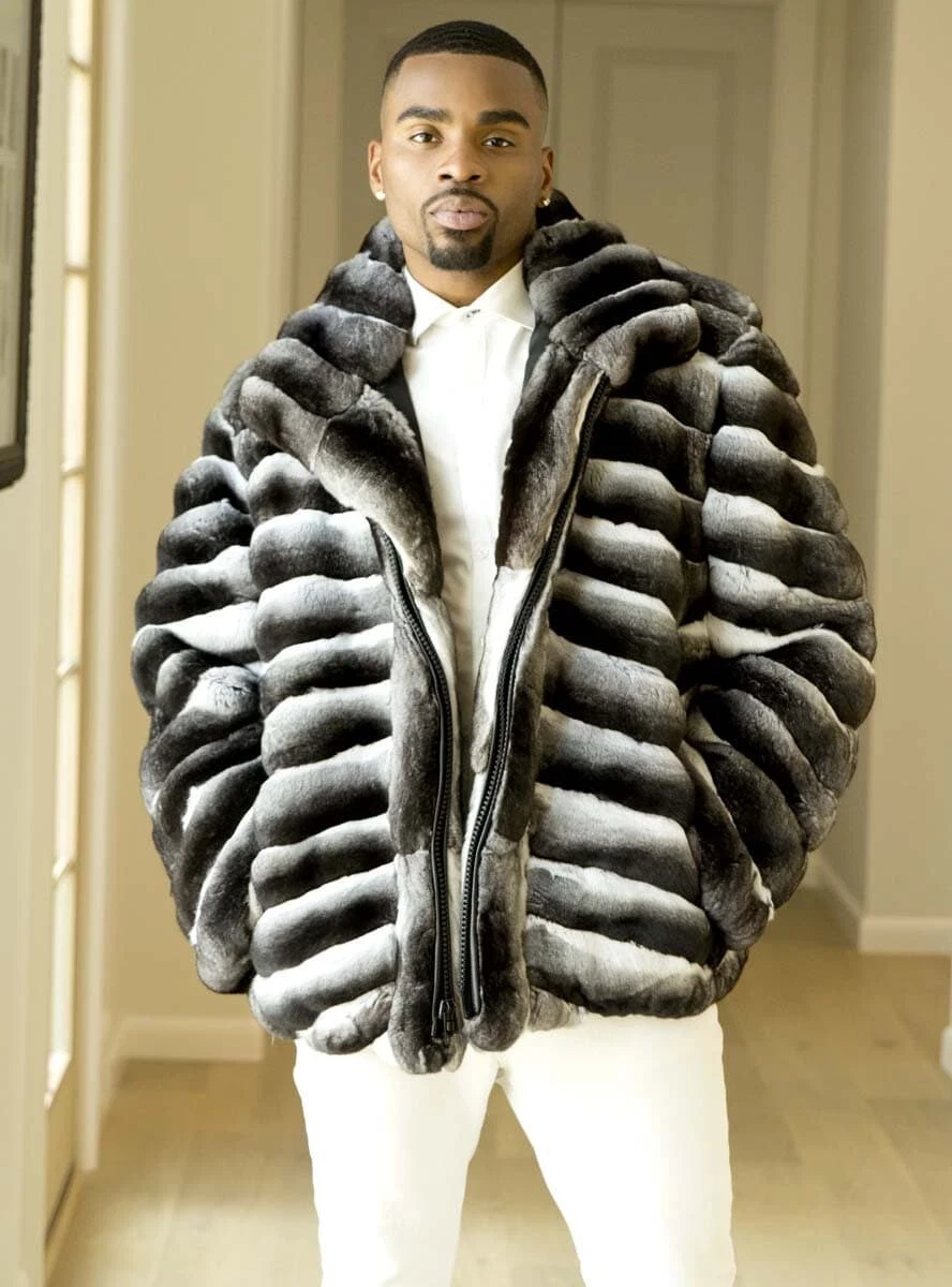 MENS CHINCHILLA FUR Jacket WITH FULL SKINS AND BIG COLLAR, MENS FUR