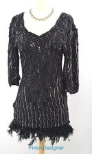 NEW LOOK Vintage 80s custom dress sheath feather boa hem silk bead FIT SZ S SML