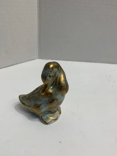 Vintage Stangl Pottery Preening Duck Figurine  22K Gold over Turquoise