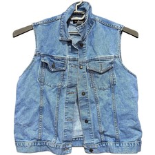 Vtg Team Tactics Denim Vest Womens 1x Blue Button Up Pockets Sleeveless Usa Made