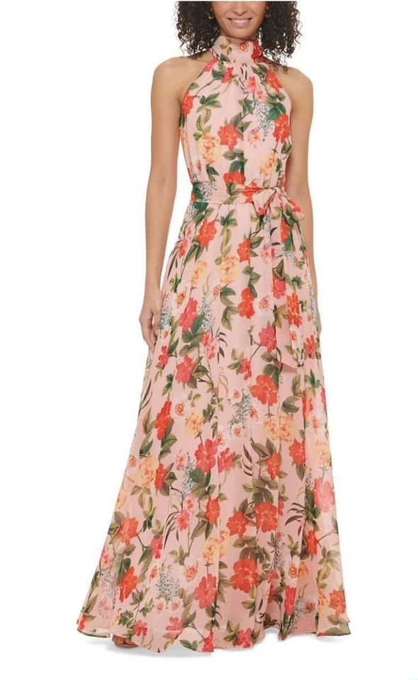 ELIZA J 粉色桃花印花吊带腰带腰带雪纺长裙 10 M — 第 4/4 张图片