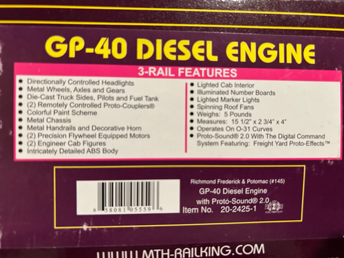 MTH 20-2425-1 Richmond, Fredericksburg, and Potomac GP40 LN/Box - Picture 7 of 7