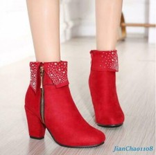 Bling Rhinestone Women's Ankle Boots Suede Shoes Chunky Heel Fashion Size 4-12.5