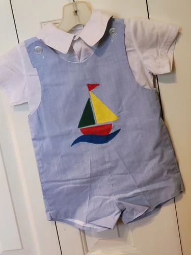 Vintage 80s Toddler Boys 2 Piece Romper & Shirt 4T Sailboat Light Blue EUC