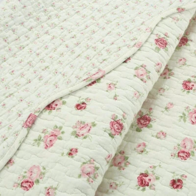 COZY COTTAGE SWEET PINK ROSES 3p Queen QUILT SET : COTTON COTTAGE ROMANTIC COZY SHABBY FLORAL