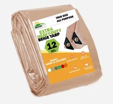 Extra Heavy Duty (Beige/Tan) Tarp 12 Mil Thickness Poly 3Ply 6oz Reinforced Tarp