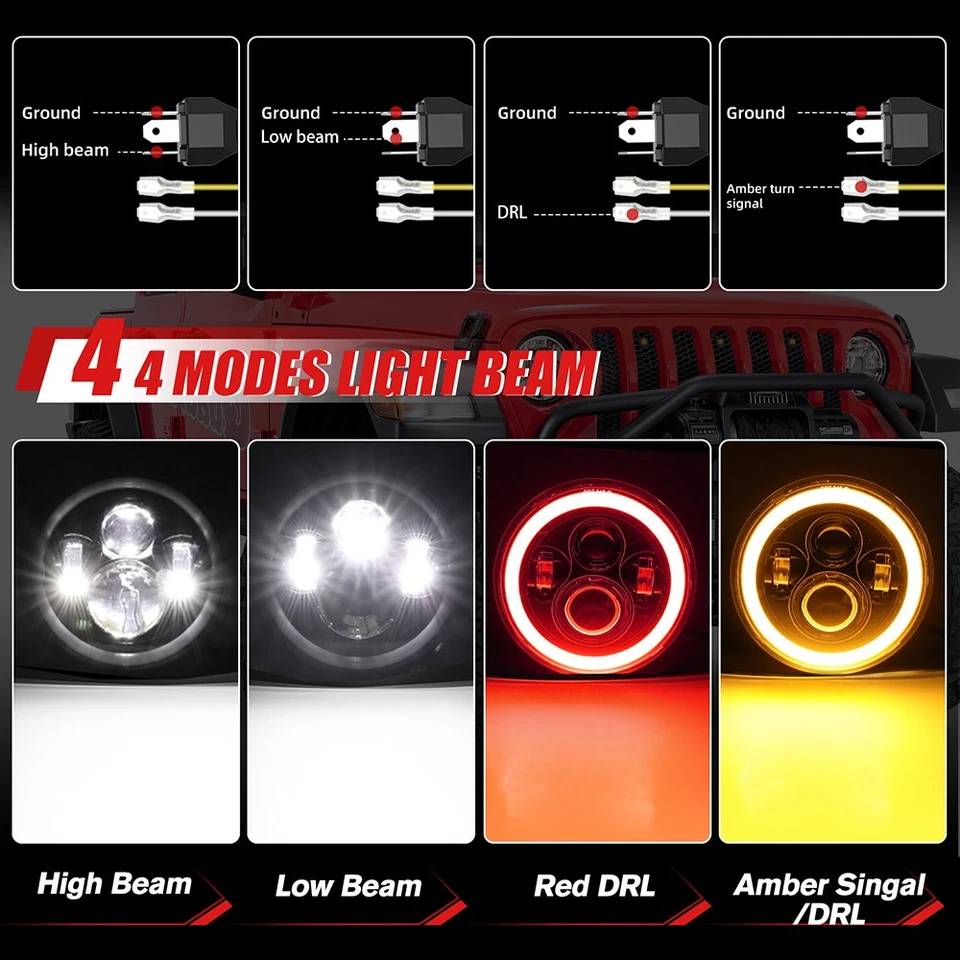Pair 7" Round LED Headlights Hi/Lo Beam Red DRL fit Chevrolet Nova 1969-1978 - Image 2 of 4