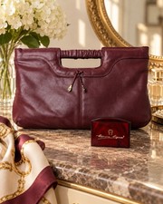 Vintage Etienne Aigner Oxblood Burgundy Leather Clutch Purse w/ Original Mirror