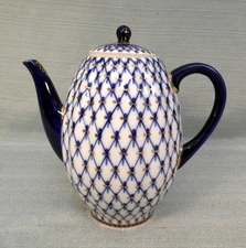 Russian Imperial Lomonosov Coffee / Tea Pot - Cobalt Net Pattern - Vintage