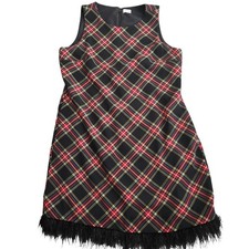 J Crew Tartan Feather Trim Midi Dress Women's XL Black Scottish Plaid Preppy