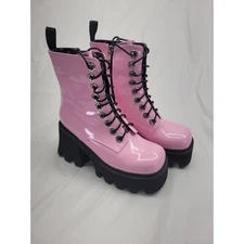 LA MODA Platform Combat Boots Goth Lace Up Side Zip Pink Patent Leather Size 7