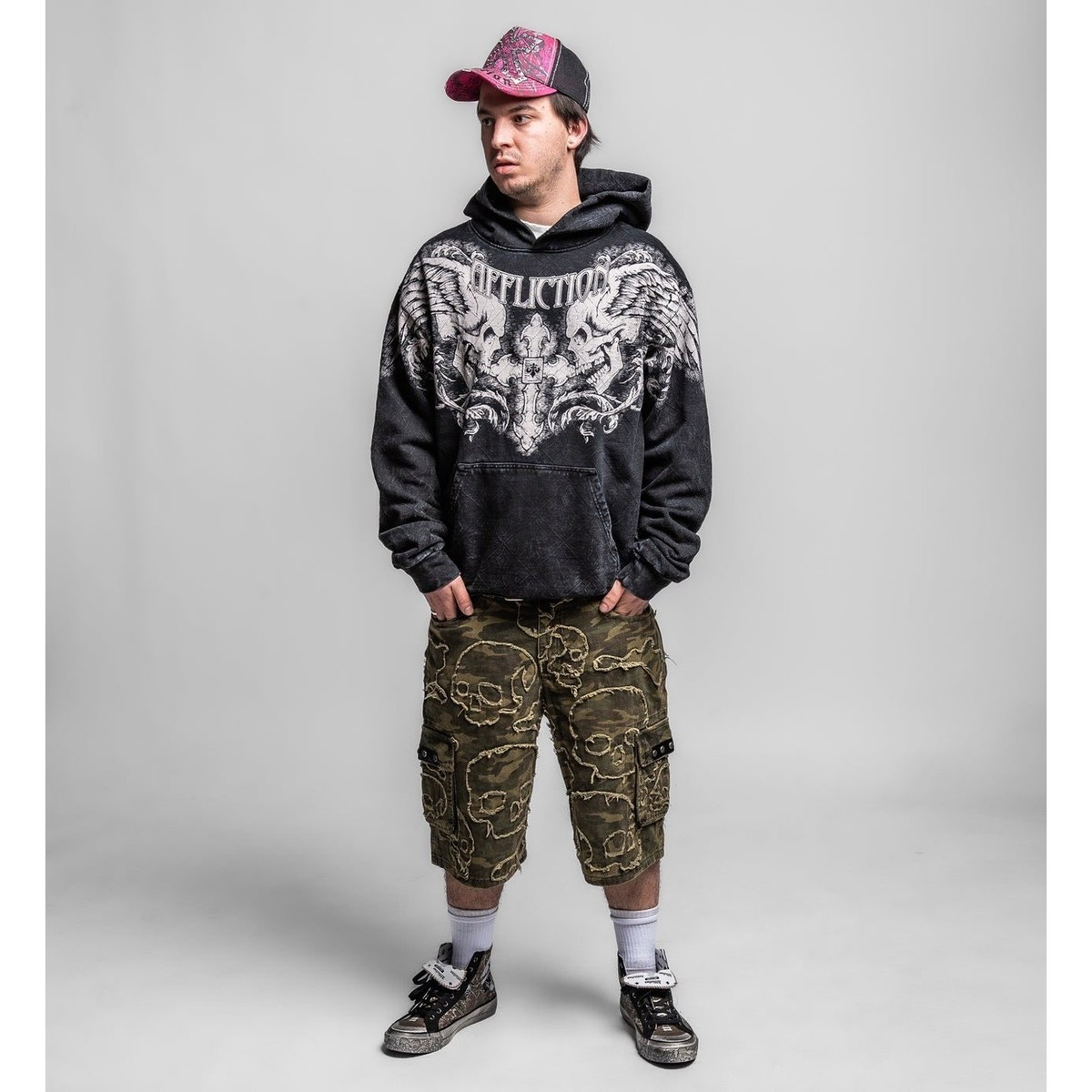 Affliction Mens Gothic Skull Winged Cross Graphic Hoodie Vintage
