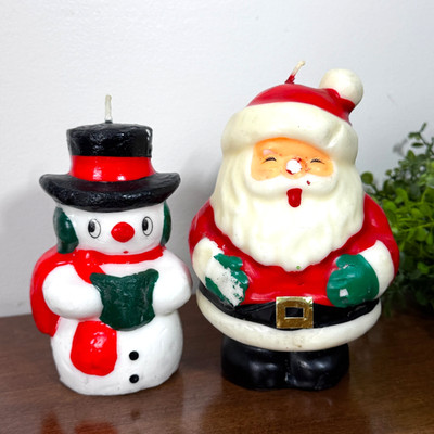 Vintage 80s Snowman and Santa Candle Unburned Shows Wear Christmas 5-6''