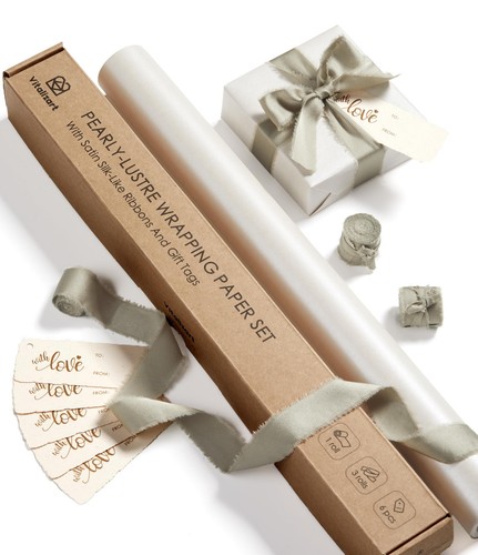 White Wrapping Paper Set 17" Pearly-Lustre With Silk Like Satin Ribbon & Gift...