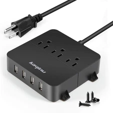 Power Strip with USB - Wall Mountable Power Strip with 4 USB Ports & 3 Outlets w
