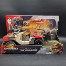 MATTEL JURASSIC WORLD REBIRTH LAUNCH ‘N BATTLE VEHICLE SET +MARTIN KREBS FIGURE