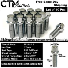 10x Chrome 14x1.5 Ball Seat Extend Lug Bolts 40mm Shank Fit 10mm-15mm Spacer Rim