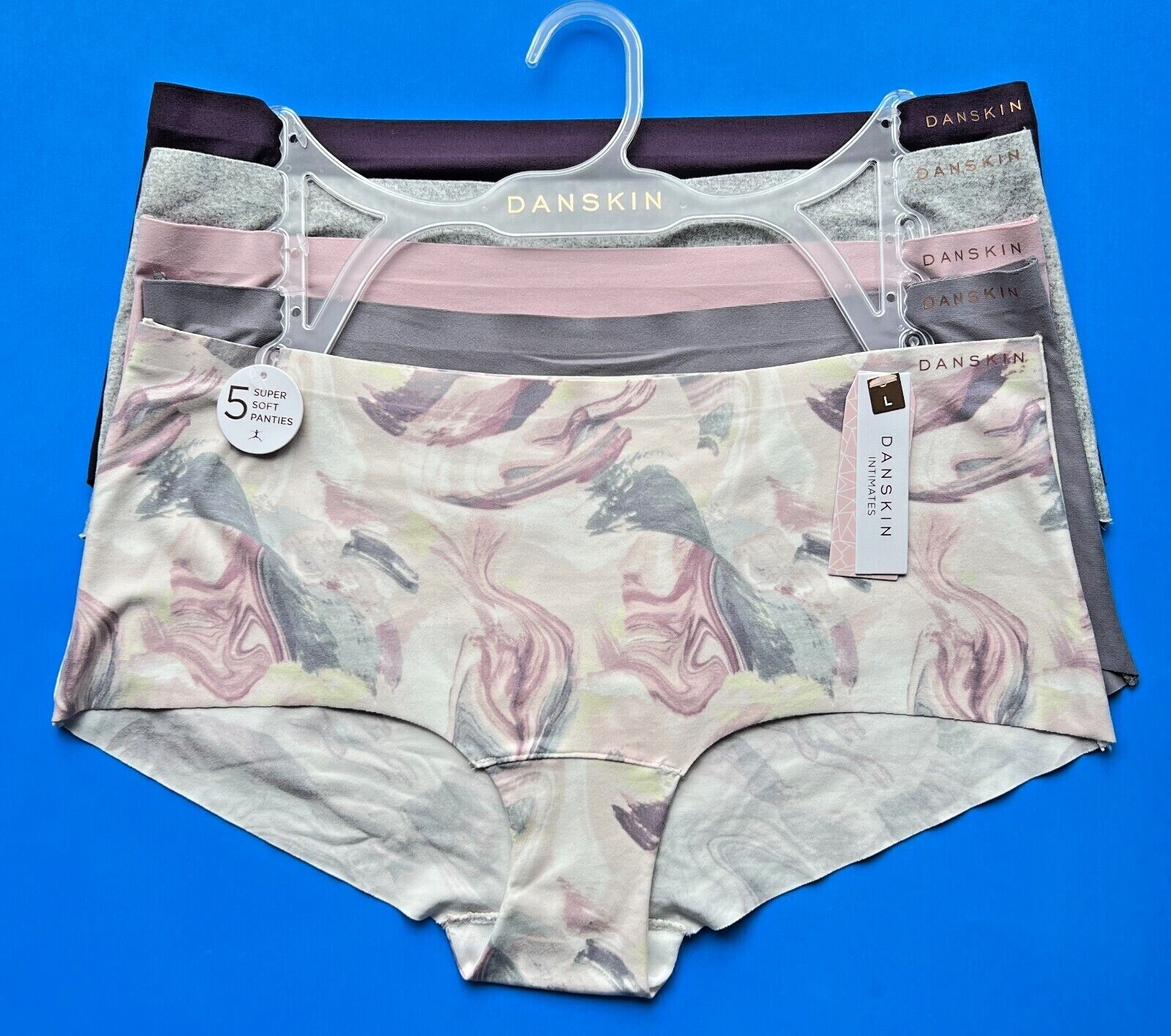 42 5pk Sz L DANSKIN Super Soft Hipsters No Show Panties Lazer Cut