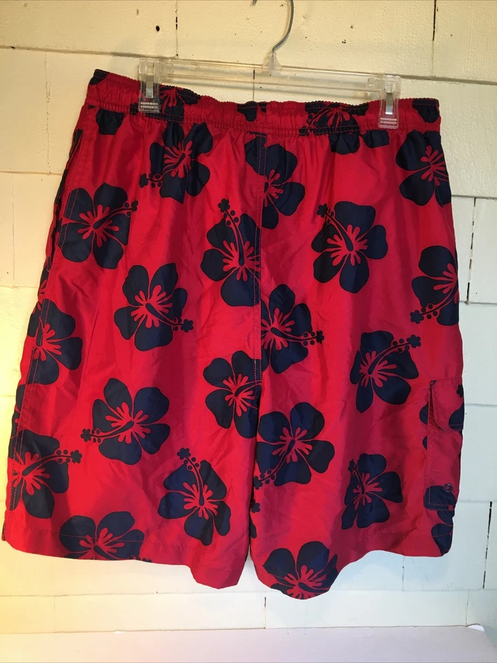 Trader Bay Mens Swim Board Shorts Sz Lg Red Blue Hibiscus Floral Mesh Lined - Image 2 of 4