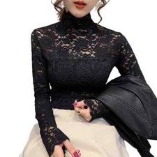 Women Turtleneck Blouse Floral Lace Long Sleeve Tops Hollow Sheer Shirt Pullover