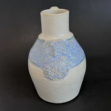Unque HILMA Studio Art Blue Jug With Face 1987 Glazed Stoneware Pottery 7.5”