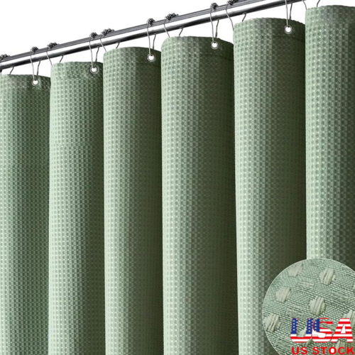 Heavy Duty Waffle Shower Curtain Thick Fabric Water Repellent 12 Hooks Included